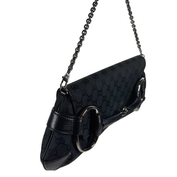 Gucci Vintage Black GG Monogram Horsebit Large Chain Shoulder Clutch Bag - Picture 4 of 9